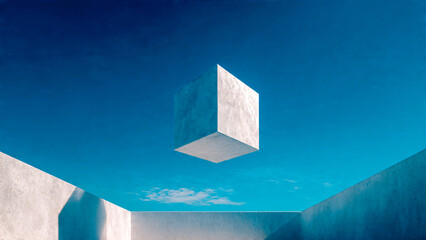 Cube en béton en suspension au dessus d'un mur