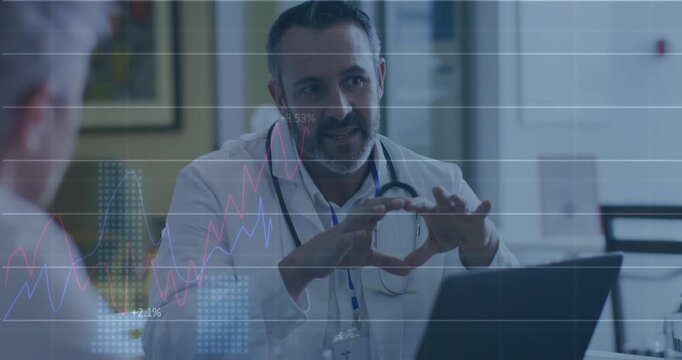Male doctor leaning forward and gesturing as health charts and gridlines animate explaining trends