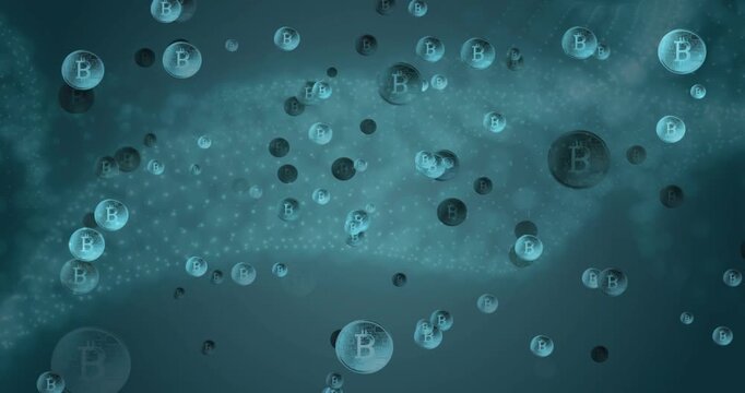 Teal dot mesh undulating, spawning Bitcoin spheres floating, zooming into sphere showing circuits