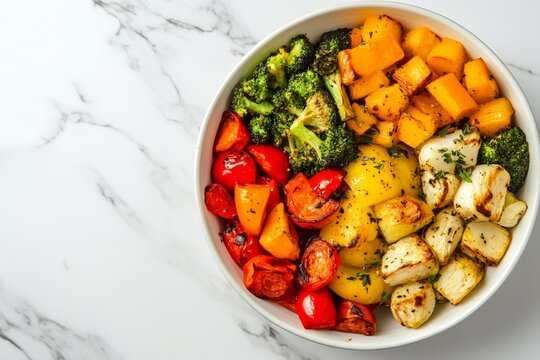 Colorful roasted vegetable bowl displays fresh produce on white marbled surface at a modern dining setup