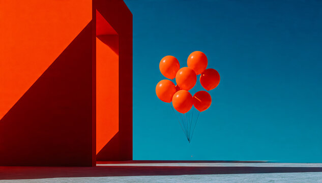 Ballons rouges s'envolant a cot&eacute; d'un b&acirc;timent rouge