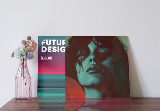 Vinyl Jacket or cover Mockup on Wooden Table