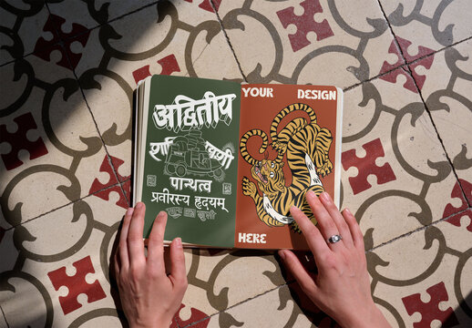 mockup of Two hands open a book with empty pages for design