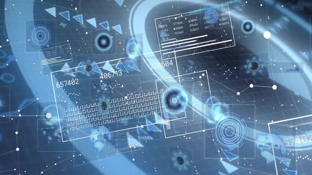 Glowing ring appearing, holographic HUD pulsing target, shifting panels and grid to show data flow