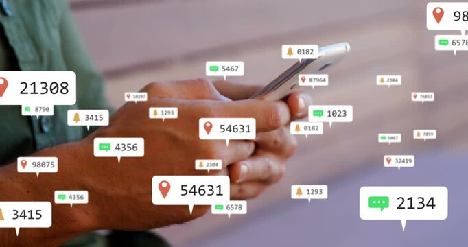 Man's hands tapping phone starting few badges in mobile tech flooding around hands then receding