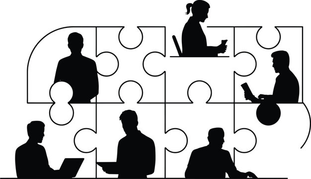 puzzle, jigsaw puzzle, teamwork, collaboration, business, office, work, people, silhouettes, black, white background, laptop Black silhouettes of people working on laptops and tablets in puzzle pieces