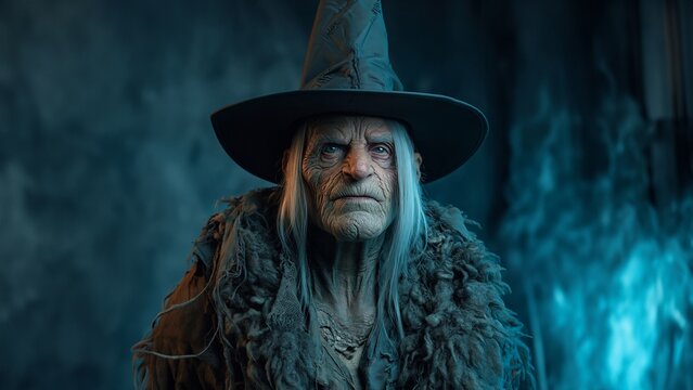Eindrucksvoller Fantasy-Charakter mit gro&szlig;em Hut und dunkler Kleidung &ndash; Hexen- oder Zaubererdarstellung in mystischer Atmosph&auml;re