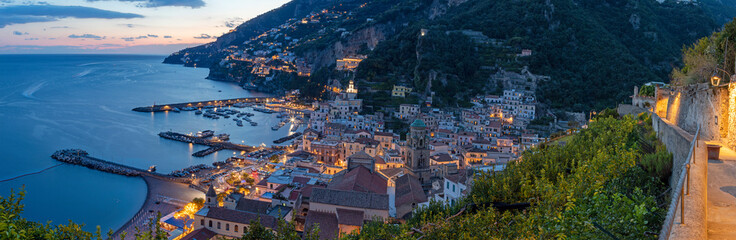 Amalfi - Amalfi coast - The city panorama with the coast at evening dusk. © Renáta Sedmáková