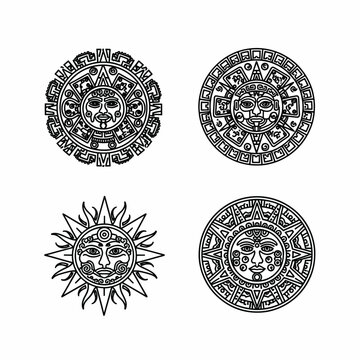 Aztec calendar sun symbols in black and white for design
