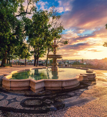 Beautiful Fountain at sunrise in View Lisbon Old Historical City In Portugal, Alfama, travel destinations