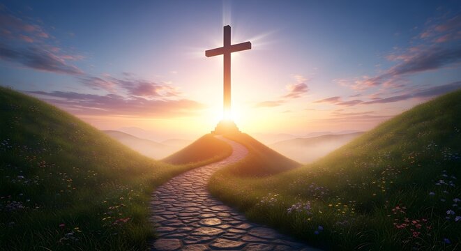 christian cross on hill with path at sunrise for faith and spirituality marketing