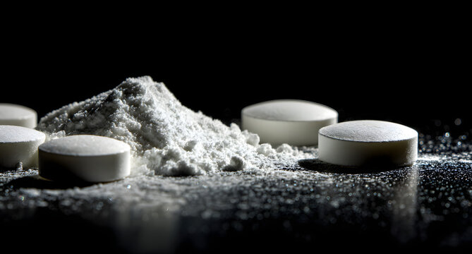 Close view of powdered fentanyl and white tablets on a shiny reflective background depicting the addiction theme.