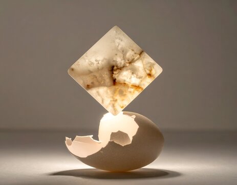 Conceptual surreal image of a heavy square glass cube block sitting inside a fragile cracked white eggshell.