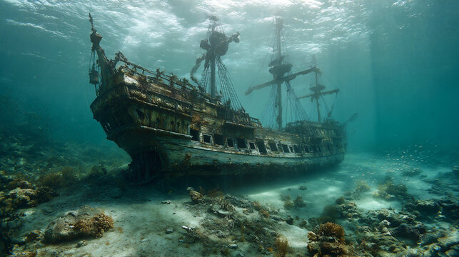 sunken pirate ship on the seabed, mysterious old shipwreck underwater, ancient pirate vessel in the ocean