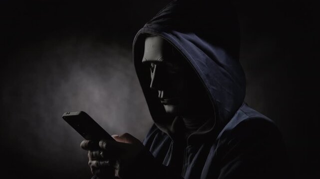 Hacker fraudster with black mask on face and hood on head using smartphone for SMS phishing cyber attacks online scam 