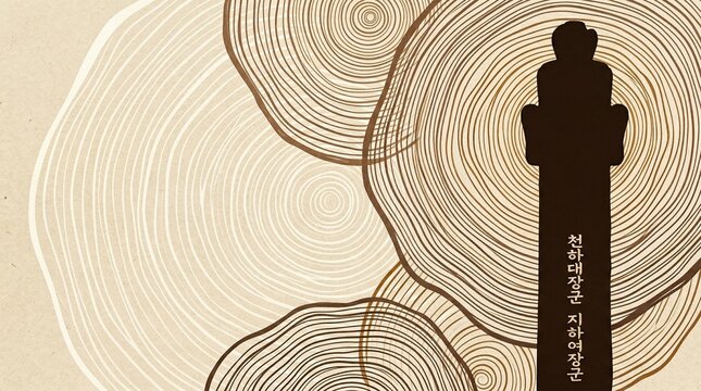 minimal abstract background inspired by silhouette of Korean jangseung wooden totem combined with concentric tree growth ring patterns, limited earthy brown and ivory palette, organic cultural composi