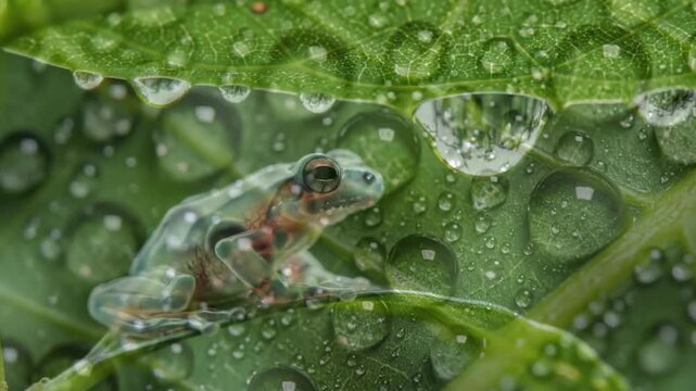 Glass Frog Clinging to Leaf with Water Droplets