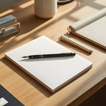 Minimalist modern workspace with a blank paper notebook and an elegant fountain pen on a wooden desk