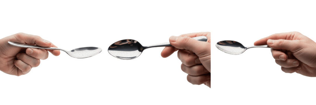 Set of hands holding stainless steel metal spoons isolated on white background for kitchen mockup