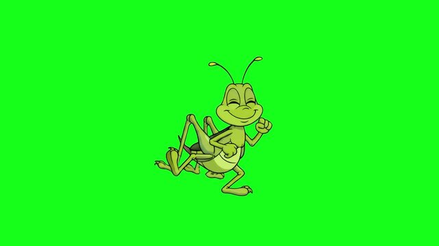 A happy, smiling green grasshopper or cricket character in a dynamic standing pose. This 2D animated insect is set against a solid green background, ideal for nature-themed educational videos, childre