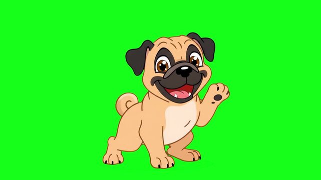 A friendly and adorable 2D animated pug puppy with large expressive eyes, standing and waving its paw. This cheerful character is isolated on a chroma key green background, making it perfect for pet-r