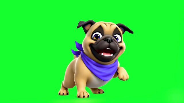A joyful 3D animated pug dog wearing a stylish purple bandana dancing on a green background. This charming pet mascot is perfect for veterinary services, dog training ads, and social media animal cont