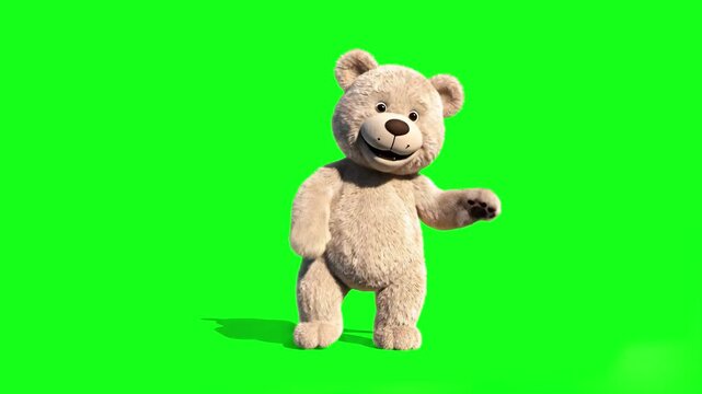 A high-quality 3D animated teddy bear winking and waving on a solid green background. This classic toy mascot is ideal for children's toy advertisements, nursery content, and festive greeting cards.