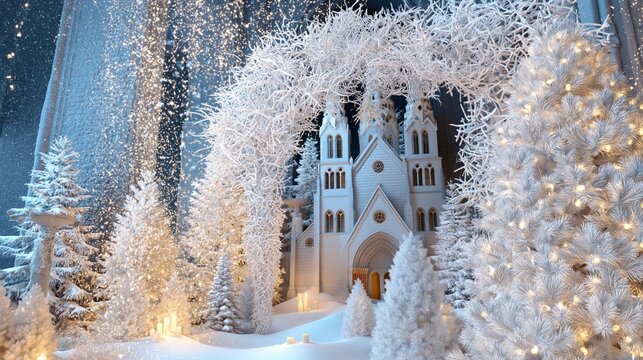 M&auml;rchenhaftes wei&szlig;es Winterschloss mit schneebedeckten B&auml;umen und Lichteffekten