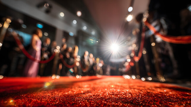 During the film festival awards ceremony, held in Hollywood, Cannes, with blurred figures of photographers and flashes, a long red carpet is surrounded by barriers, awards, prizes, film academy, Venic