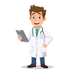 Fototapeta premium Cute Doctor Mascot Character Wearing Medical Uniform Holding Clipboard Vector Illustration
