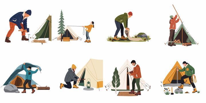 Set of flat vector illustrations showing various people pitching and setting up tents for camping and outdoor adventures in nature.