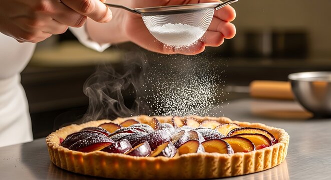 Baker sprinkles sugar on tart.