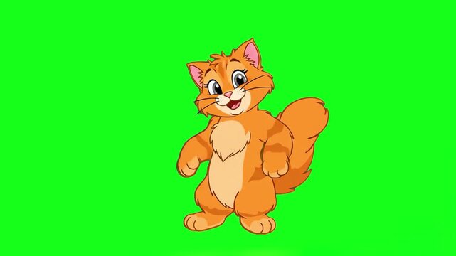 A cheerful 2D animated orange tabby cat character with a fluffy tail, standing and smiling happily. This adorable character is isolated on a bright green background for easy use in pet care videos, ch