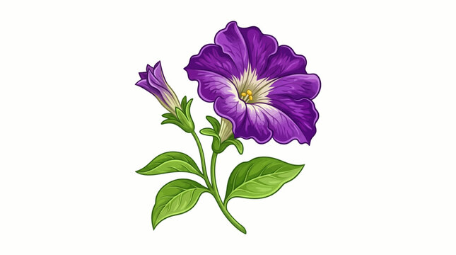 vector illustration of a blooming petunia flower with broad petals and green leaves