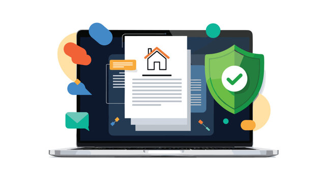 Secure real estate transaction concept shown with home contract document and protection shield on a laptop screen.