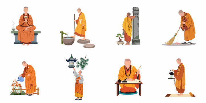 Flat vector illustrations of Buddhist monks in orange robes performing daily activities such as meditating, sweeping, gardening, writing calligraphy, and serving tea.