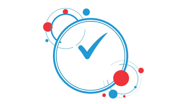 Concept of approval and success featuring a large blue checkmark symbol inside a circular geometric frame.