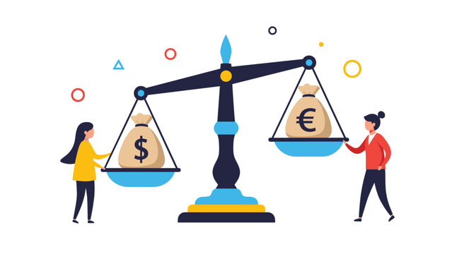 Global currency exchange and economic balance comparison between US dollar and Euro on a classic scale device.