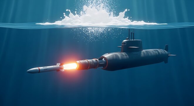 Submarine launching missile underwater ocean.
