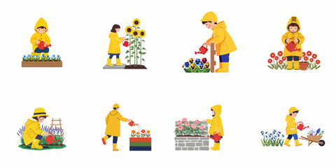 Fototapeta premium Collection of flat vector illustrations featuring children in yellow raincoats and boots watering various colorful flowers in a garden setting.