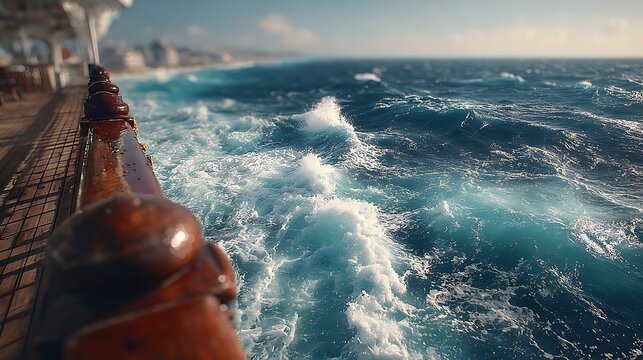 Cruise ship deck railing minimal seascape with calm turquoise water background wallpapers