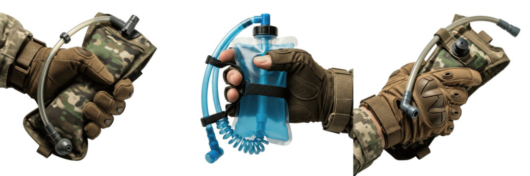 Tactical gloved hand holding military hydration bladder and water reservoir system isolated on white background