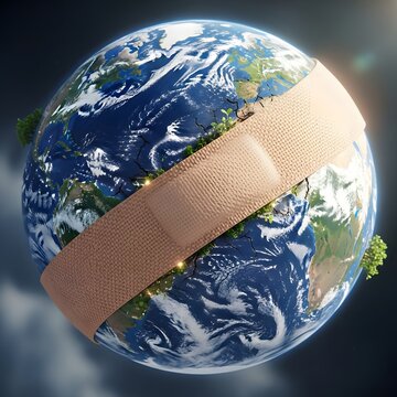 Planet earth wrapped with a band aid to represent global healing and environmental care