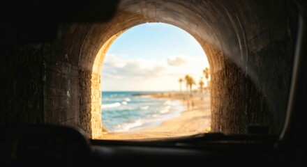 Fototapeta premium View of a sunny beach through a stone archway