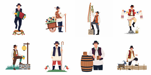 Fototapeta premium Set of men in traditional European folk costumes engaged in cultural activities, playing music, harvesting, and celebrating heritage.