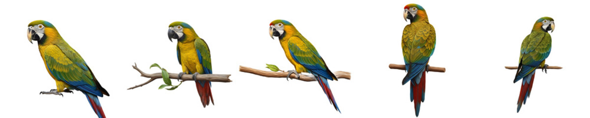 Blue-and-Yellow Macaw Parrot Collection Isolated on White Background Colorful Tropical Avian Set Exotic Bird Poses on Branches for Nature and Wildlife Conservation Design Projects © Gretha PLSTN