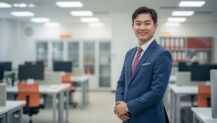 Obraz premium 男性社員がオフィスで立つ仕事風景
