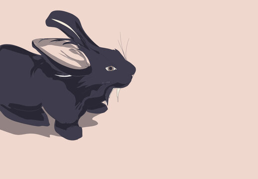 Surreal black rabbit character, old money style, aesthetic side placement for copy space and blank background.