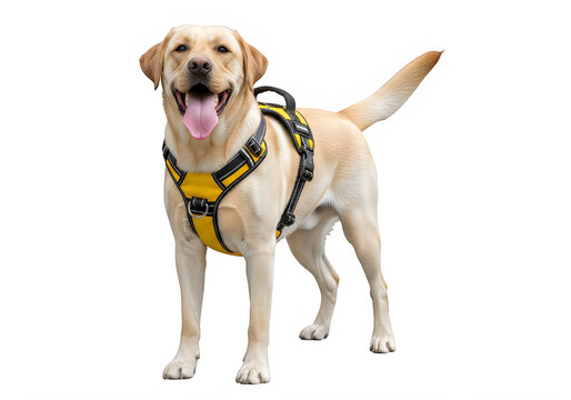 A yellow labrador retriever wearing a yellow harness isolated on transparent background