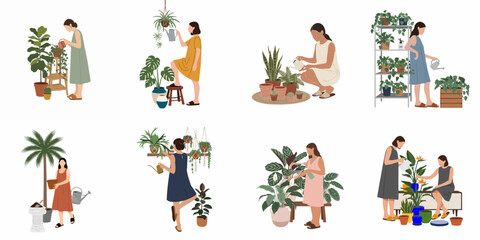 Collection of minimalist flat illustrations of women taking care of their indoor houseplants, including watering, spraying, and potting various green plants. © Renzo